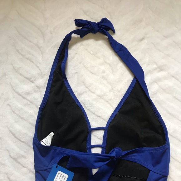 One-piece Swimsuit Royal Blue Deep V Halter Top - Picture 7 of 9